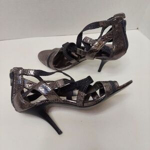 Carlos Santana Leather Pewter Silver Snakeskin Strappy Stiletto High Heels